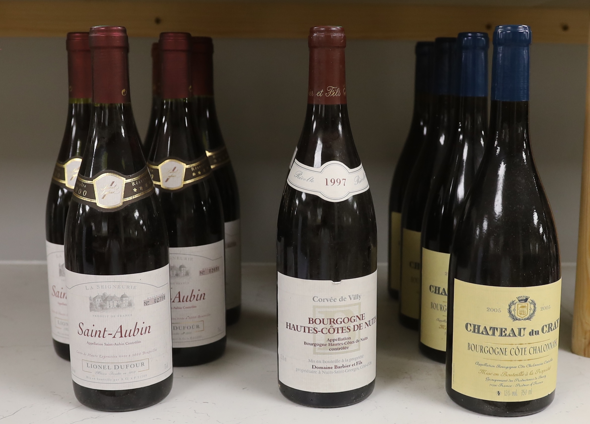 Twelve bottles of French red wine, including; four bottles of Chateau du Cray 2005, two bottles of Bourgogne Hautes-Cotes de Nuits 1997, five bottles of Saint-Aubin 2000 and a bottle of Moulin a Vent 1999